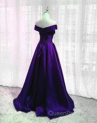 Purple Satin Off Shoulder Long Evening Prom Dresses,A-line Simple Women Formal Dresses