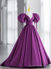 Purple Satin Puff Sleeve Backless Prom Dress
