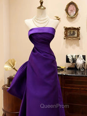 Purple Satin Scoop A-Line Floor Length Party Dresses, Purple Satin Long Evening Prom Dresses With Bow