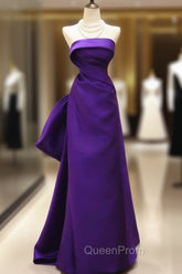 Purple Satin Scoop A-Line Floor Length Party Dresses, Purple Satin Long Evening Prom Dresses With Bow