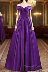 Purple Satin Sweetheart Long Party Dresses, A-Line Purple Evening Prom Dresses
