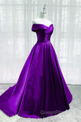 Purple Satin Sweetheart Long Party Dresses Evening Prom Dresses, Off Shoulder Purple Evening Dresses