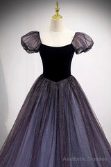 Purple Scoop Tulle Long A-Line Prom Dress, Lovely Short Sleeve Evening Dress