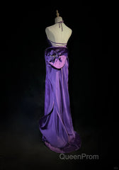 Purple Spaghetti Strap Satin Evening Prom Dresses Backless Evening Gown