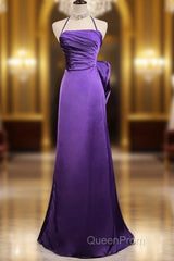 Purple Spaghetti Strap Satin Evening Prom Dresses Backless Evening Gown