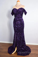 Purple Sparkly Long Formal Dresses Mermaid Off-Shoulder Slit