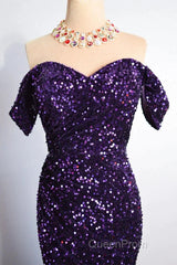 Purple Sparkly Long Formal Dresses Mermaid Off-Shoulder Slit