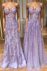 Purple sweetheart neck lace long Evening Prom Dresses, lace formal graduation Dresses