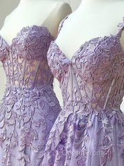 Purple sweetheart neck lace long Evening Prom Dresses, lace formal graduation Dresses