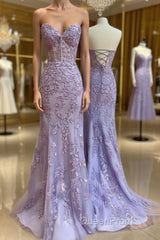 Purple sweetheart neck tulle lace mermaid long Evening Prom Dresses