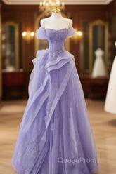 Purple Sweetheart Off Shoulder Tulle Long Party Dresses, Purple Tulle Evening Prom Dresses