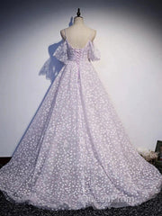 Purple Tulle A Line Long Evening Prom Dresses Formal Dresses With Flowers December Wedding Guest Dresses