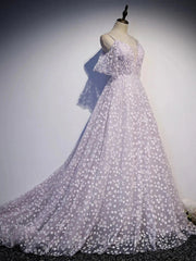 Purple Tulle A Line Long Evening Prom Dresses Formal Dresses With Flowers December Wedding Guest Dresses