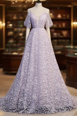 Purple Tulle A Line Long Evening Prom Dresses Formal Dresses With Flowers December Wedding Guest Dresses