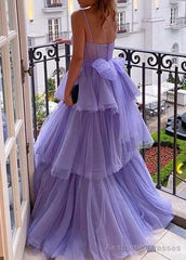Purple Tulle A-line Spaghetti Straps Prom Dresses, Long Formal Dress,dresses for party events