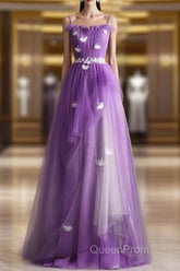 Purple Tulle A-Line Straps Long Formal Dresses, Purple Floor Length Evening Prom Dresses