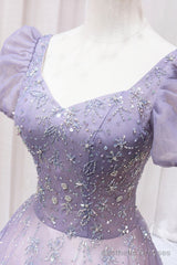 Purple Tulle Beaded Long Formal Dress, Cute A-Line Evening Dress