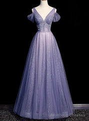 Purple Tulle Deep V-neck Beading Prom Dress