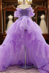 Purple tulle high low Evening Prom Dresses, purple evening Dresses