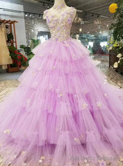 Purple Tulle High Neck Corset Backless Appliqeus Wedding Dress With Long Train