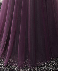 Purple Tulle Lace Off Shoulder Long Prom Dress, Purple Evening Dress