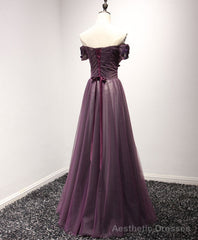Purple Tulle Lace Off Shoulder Long Prom Dress, Purple Evening Dress