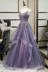 Purple Tulle Layers Long Formal Gown Lace Applique Party Dresses A Line Floor Length Evening Prom Dresses