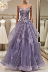 Purple Tulle Layers Long Formal Gown Lace Applique Party Dresses A Line Floor Length Evening Prom Dresses