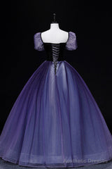 Purple Tulle Long A-Line Prom Dress, Purple Short Sleeve Princess Dress