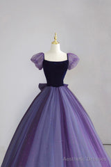 Purple Tulle Long Prom Dress with Velvet, Cute A-Line Short Sleeve Evening Dress
