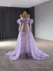Purple Tulle Mermaid Sequins Prom Dress With Detachable Sleeve