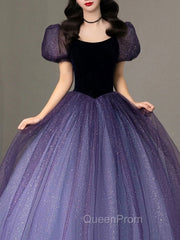 Purple Tulle Sequin Long Evening Prom Dresses, Purple Evening Dresses