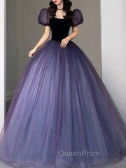 Purple Tulle Sequin Long Evening Prom Dresses, Purple Evening Dresses