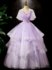 Purple Tulle V-neck Pleats Quinceanera Dress