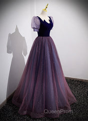 Purple Velvet And Tulle Short Sleeves Evening Dresses, Purple A-Line Formal Dresses Evening Prom Dresses