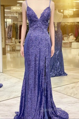 Mermaid Purples Sequins Long Evening Prom Dresses with Slit