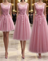 Pink Round Neck Lace Tulle Evening Prom Dresses, Lace Evening Dresses