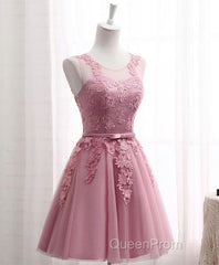 Pink Round Neck Lace Tulle Evening Prom Dresses, Lace Evening Dresses