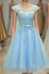 Light Blue Lace Tulle Short Evening Prom Dresses, Homecoming Dresses