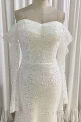 Ivory Mermaid Sequined Evening Prom Dresses with Long Sleeves, Sparkly Long Party Dresses