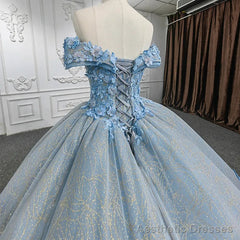 Quinceanera Blue Off-the-Shoulder Ball Gown Flower Dress