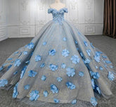 Quinceanera Blue Off-the-Shoulder Ball Gown Flower Dress