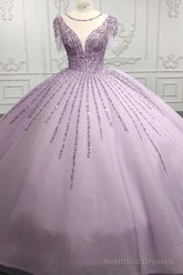 Quinceanera Dress Princess Sheer Neck Long Prom Dresses Short Sleeves Ball Gown