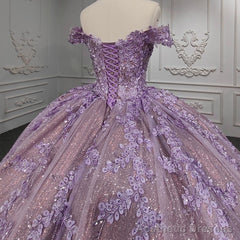 Quinceanera Purple Off-the-Shoulder Ball Gown Flower Dress