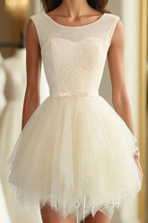 Cute A Line Tulle Round Neck Mini Evening Prom Dresses, Cheap Evening Dresses