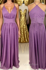 Purple Straps A-line Long Bridesmaid Dresses