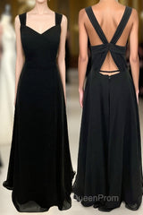 Princess Black Chiffon A-line Long Bridesmaid Dresses