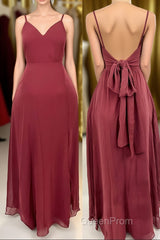 Ruffle Straps Burgundy Chiffon A-line Long Bridesmaid Dresses