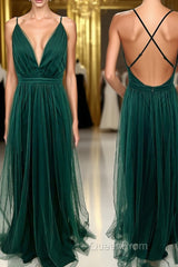 Straps Dark Green Tulle A-line Full Length Bridesmaid Dresses