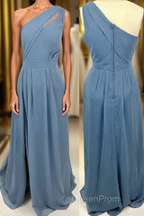 One Shoulder Misty Blue Chiffon A-line Long Bridesmaid Dresses